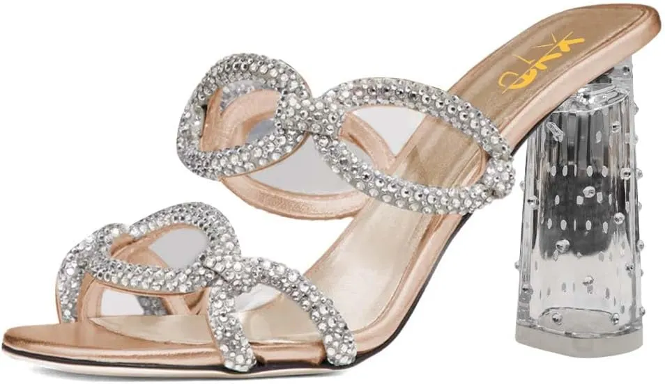 XYD Women Crystal Block High Heels Sandals Open Toe Two Strap Rhinestone Chain Dress Slides Mules Slip On Clear Dress Shoes
