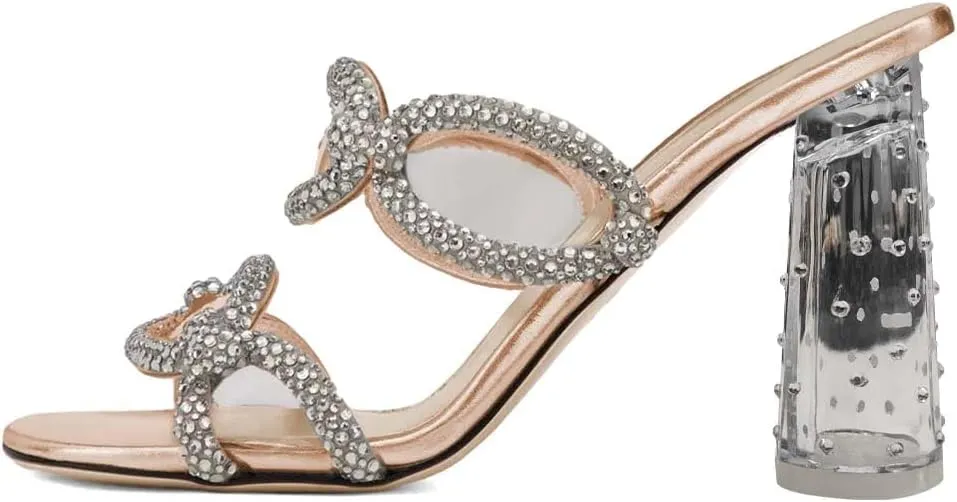 XYD Women Crystal Block High Heels Sandals Open Toe Two Strap Rhinestone Chain Dress Slides Mules Slip On Clear Dress Shoes