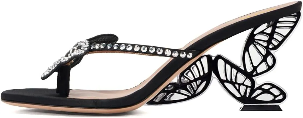 XYD Women Crystal Studs Bowknot Flip Flops High Heel Open Toe Butterfly Wing Heeled Sandals Fancy Holiday Cocktail Party Shoes