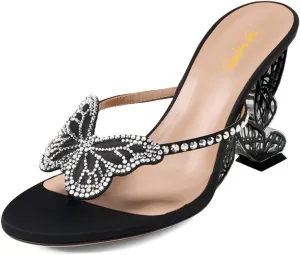 XYD Women Crystal Studs Bowknot Flip Flops High Heel Open Toe Butterfly Wing Heeled Sandals Fancy Holiday Cocktail Party Shoes