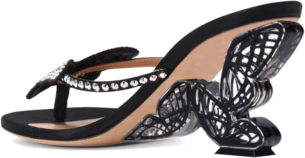 XYD Women Crystal Studs Bowknot Flip Flops High Heel Open Toe Butterfly Wing Heeled Sandals Fancy Holiday Cocktail Party Shoes