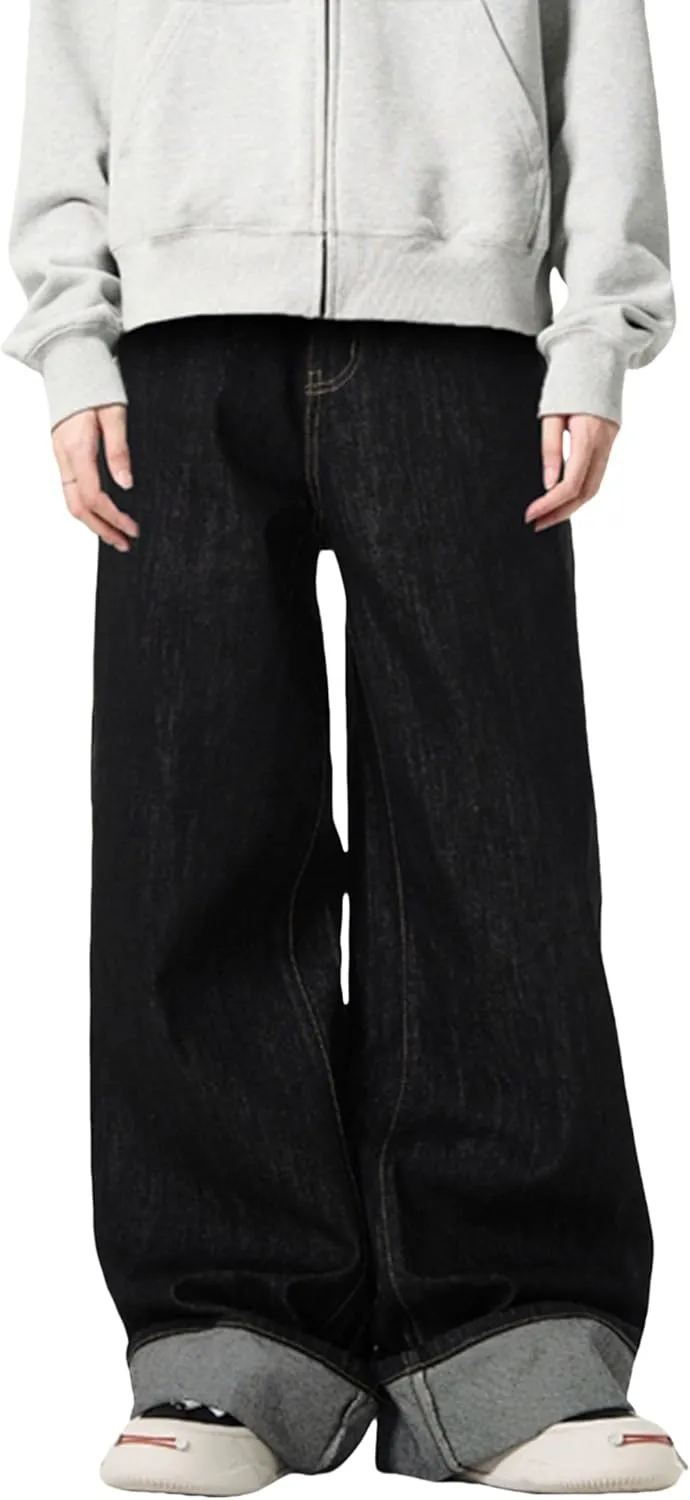 Y2k Mens Baggy Jeans Hip Hop Pants Loose Fit Skater Jeans Skateboard Denim Pants Black Jeans Streetwear