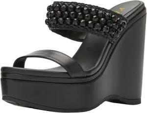 YDN Platform Wedge Heeled Sandals Mules for Women Open Toe Slip On Clogs Two Strap Slide lBackless Studded Rhinestone Summer Dress Shoes Size 4-15 US