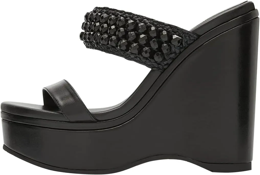 YDN Platform Wedge Heeled Sandals Mules for Women Open Toe Slip On Clogs Two Strap Slide lBackless Studded Rhinestone Summer Dress Shoes Size 4-15 US