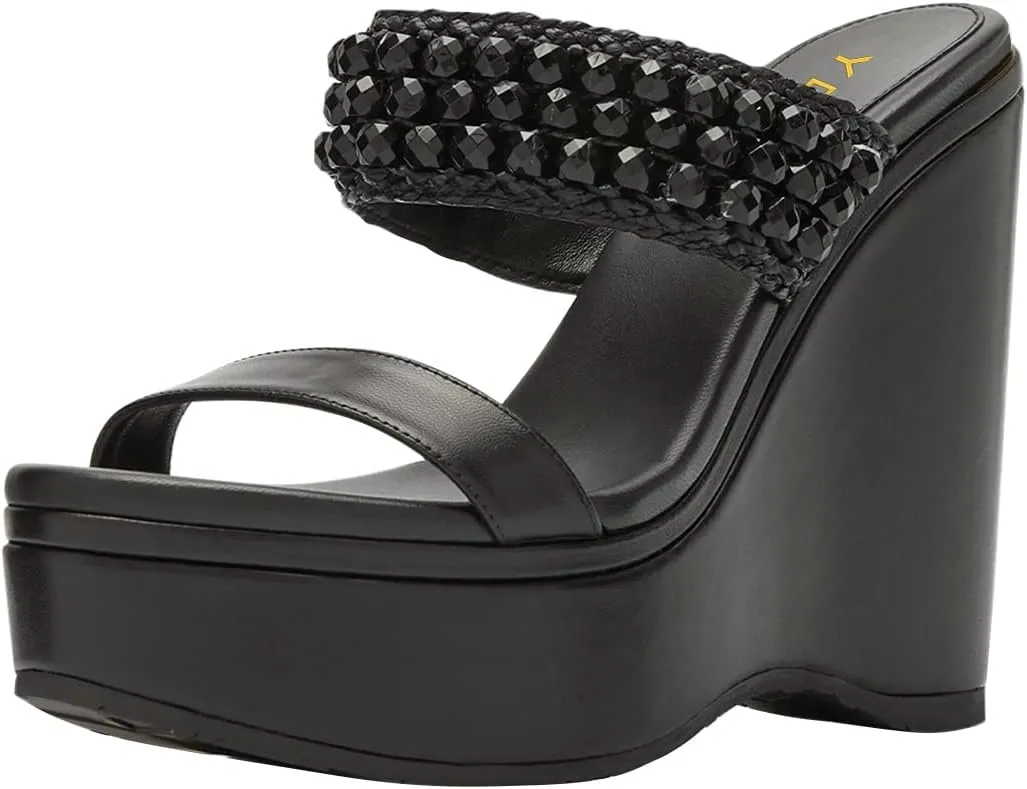 YDN Platform Wedge Heeled Sandals Mules for Women Open Toe Slip On Clogs Two Strap Slide lBackless Studded Rhinestone Summer Dress Shoes Size 4-15 US