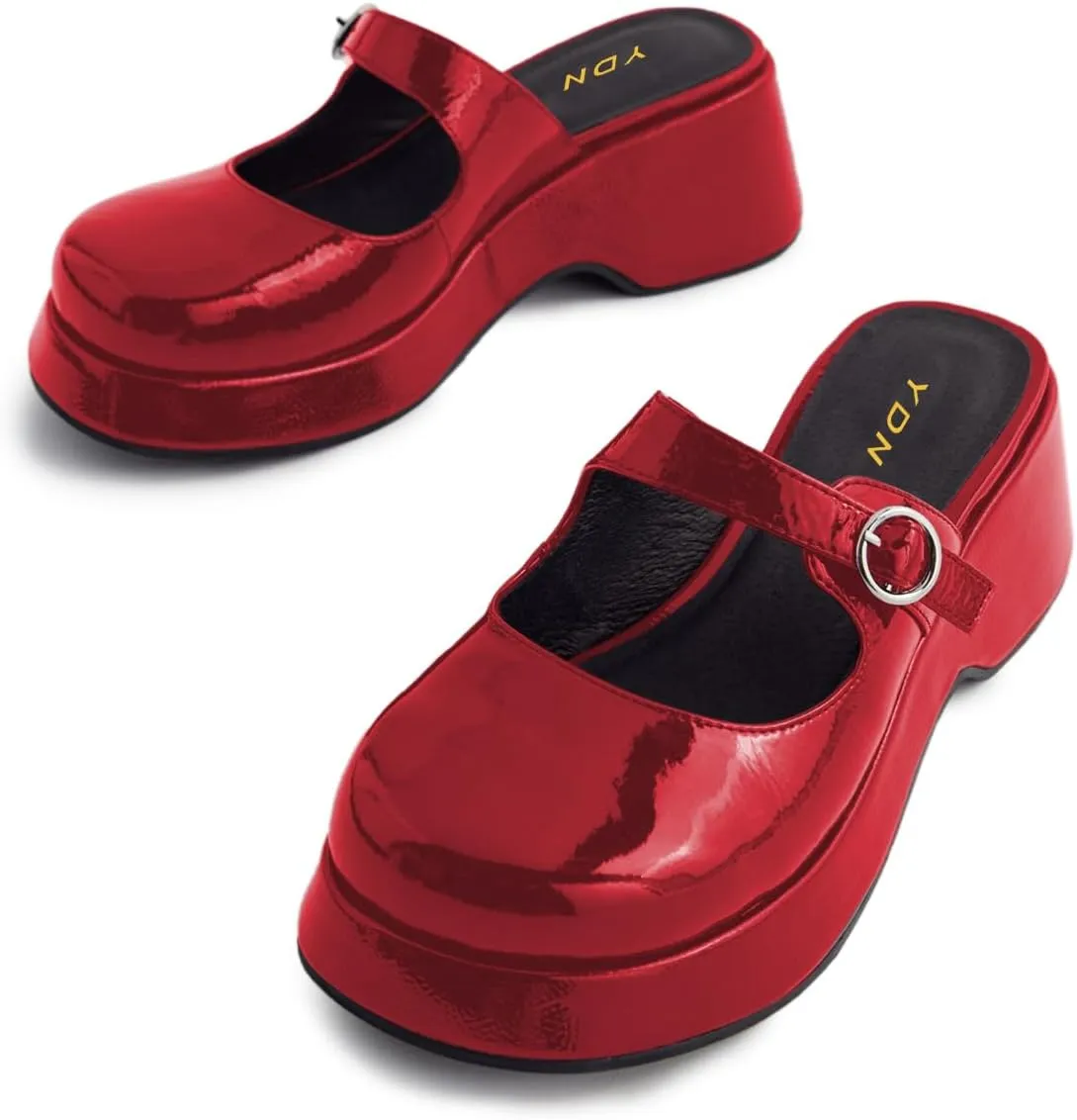 YDN Women Buckle Mules Ankle Strap Slippers Slip On Sandals Platform Wedge Low Heels Closed Round Toe Shoes Party Shopping Indoor Size 4-16 US