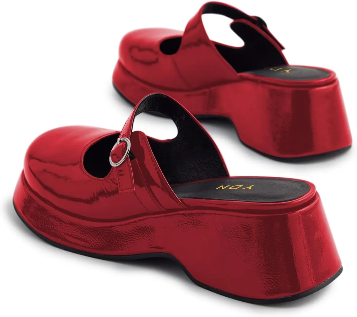 YDN Women Buckle Mules Ankle Strap Slippers Slip On Sandals Platform Wedge Low Heels Closed Round Toe Shoes Party Shopping Indoor Size 4-16 US