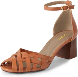YDN Women Peep Toe Mid Block Heel Sandals Crossed Straps Buckle Stacked Pumps Party Evening Summer Shoes Size 4-16 US