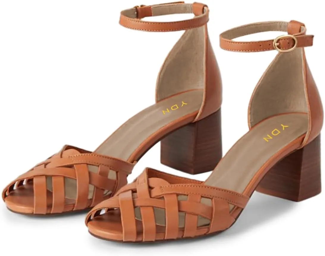 YDN Women Peep Toe Mid Block Heel Sandals Crossed Straps Buckle Stacked Pumps Party Evening Summer Shoes Size 4-16 US