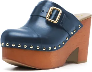 YDN Women's Chic Platform Closed Round Toe Mules Rivet Studded Chunky Block Heels Buckled Strap Slip On Sandals Daily Outfit Dress Slide Shoe Size 4-16 US
