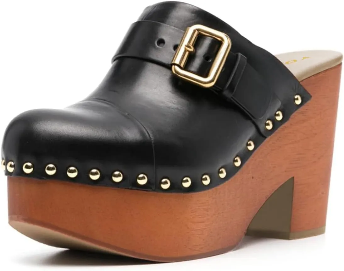 YDN Women's Chic Platform Closed Round Toe Mules Rivet Studded Chunky Block Heels Buckled Strap Slip On Sandals Daily Outfit Dress Slide Shoe Size 4-16 US