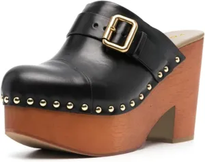 YDN Women's Chic Platform Closed Round Toe Mules Rivet Studded Chunky Block Heels Buckled Strap Slip On Sandals Daily Outfit Dress Slide Shoe Size 4-16 US