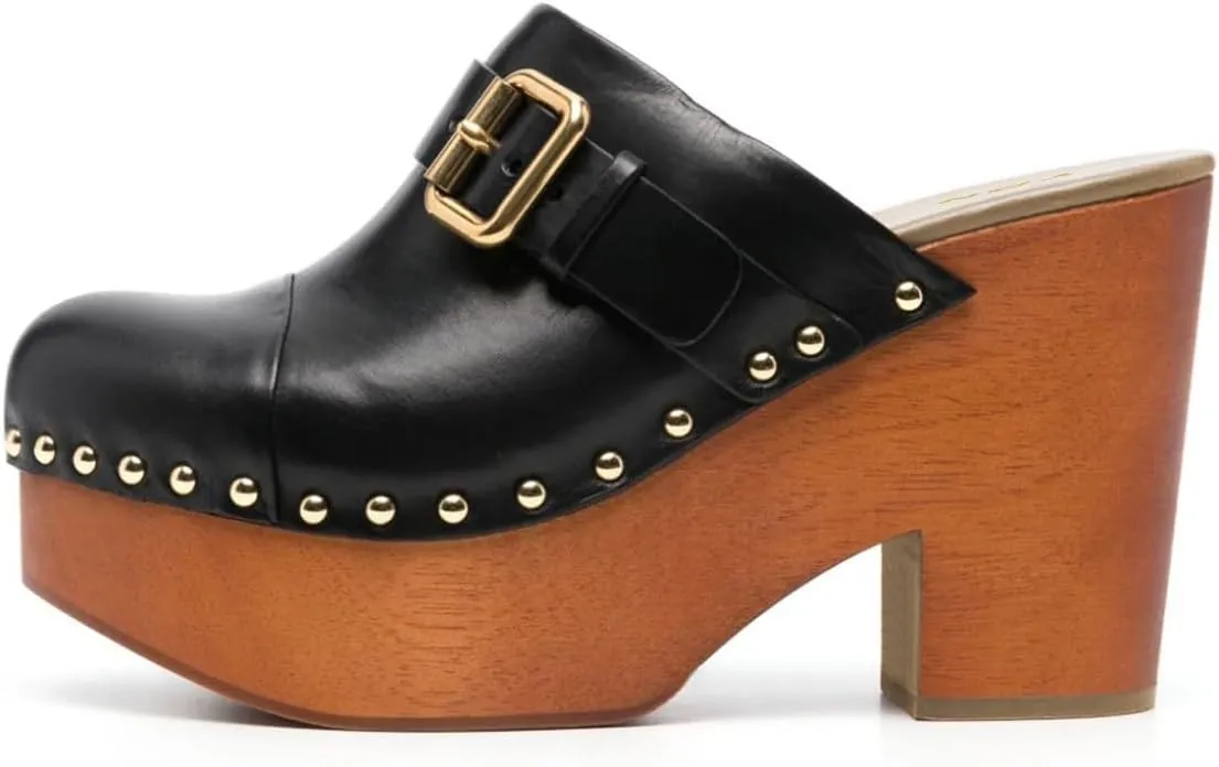 YDN Women's Chic Platform Closed Round Toe Mules Rivet Studded Chunky Block Heels Buckled Strap Slip On Sandals Daily Outfit Dress Slide Shoe Size 4-16 US