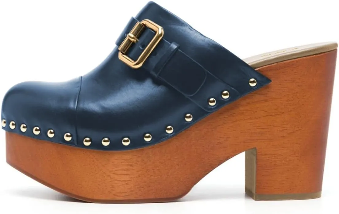 YDN Women's Chic Platform Closed Round Toe Mules Rivet Studded Chunky Block Heels Buckled Strap Slip On Sandals Daily Outfit Dress Slide Shoe Size 4-16 US