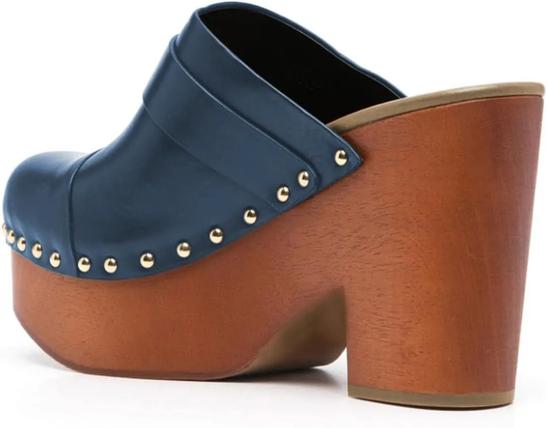 YDN Women's Chic Platform Closed Round Toe Mules Rivet Studded Chunky Block Heels Buckled Strap Slip On Sandals Daily Outfit Dress Slide Shoe Size 4-16 US