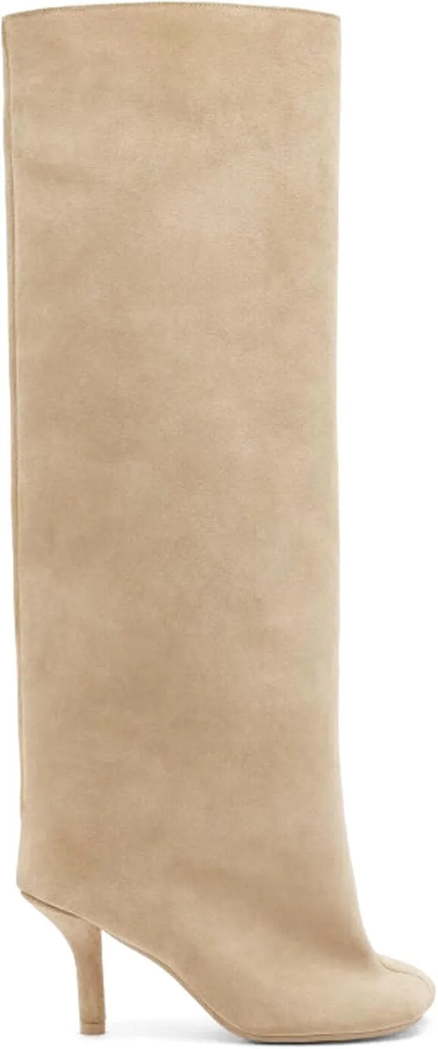 Yishaweiqi Camel Suede Knee High Boots for Women: Square Toe Stiletto Heel Long Tall Wide-Calf Comfortable Fall Boots