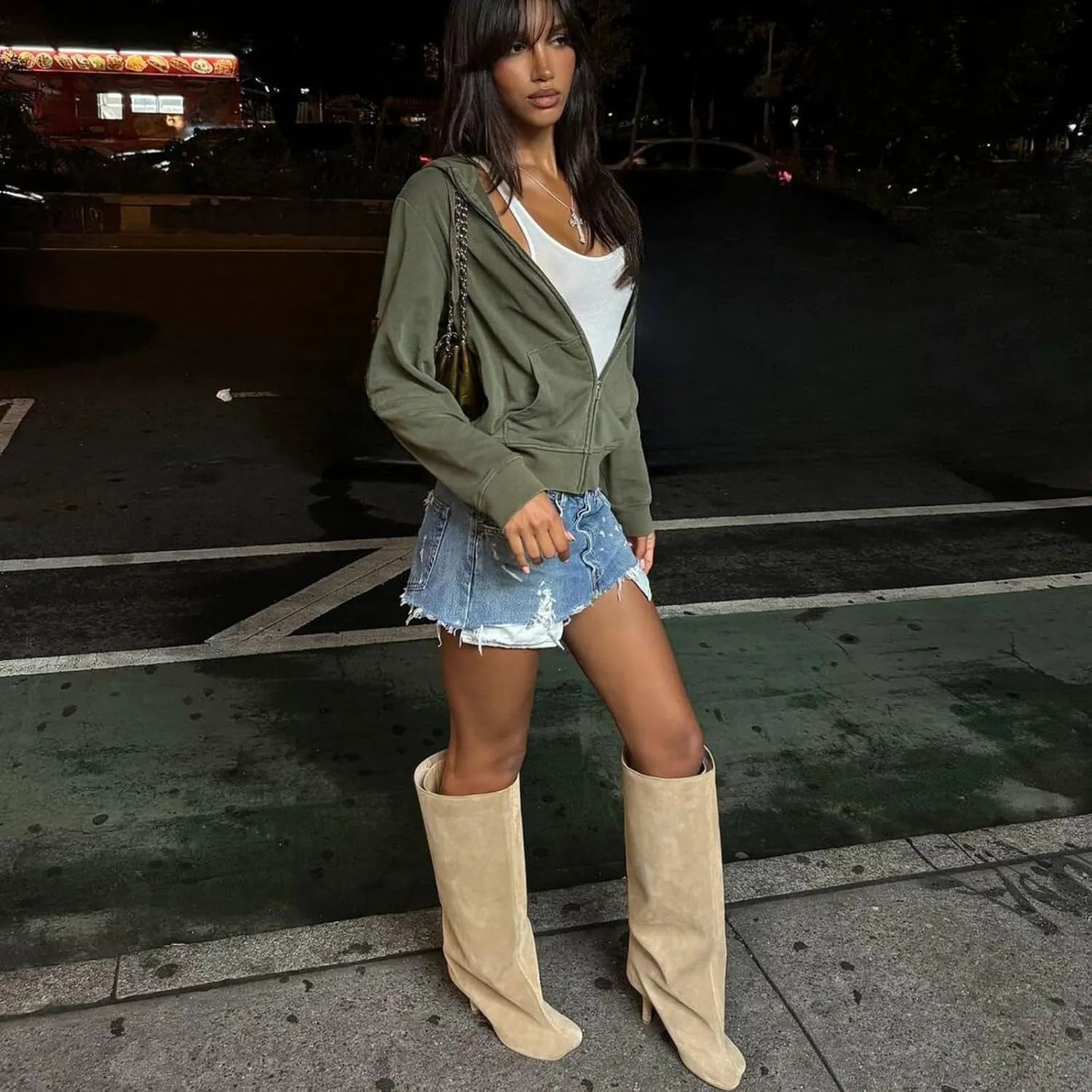 Yishaweiqi Camel Suede Knee High Boots for Women: Square Toe Stiletto Heel Long Tall Wide-Calf Comfortable Fall Boots