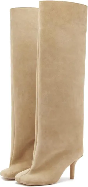 Yishaweiqi Camel Suede Knee High Boots for Women: Square Toe Stiletto Heel Long Tall Wide-Calf Comfortable Fall Boots