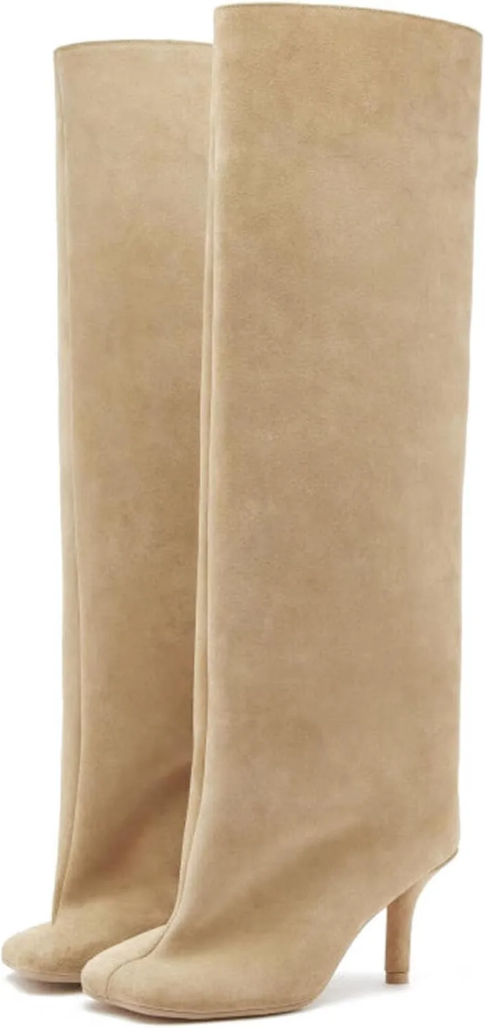 Yishaweiqi Camel Suede Knee High Boots for Women: Square Toe Stiletto Heel Long Tall Wide-Calf Comfortable Fall Boots