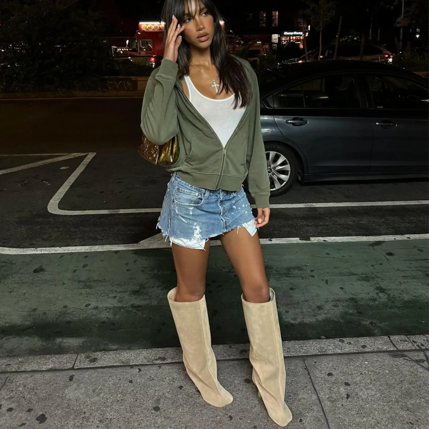 Yishaweiqi Camel Suede Knee High Boots for Women: Square Toe Stiletto Heel Long Tall Wide-Calf Comfortable Fall Boots