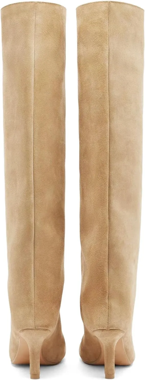 Yishaweiqi Camel Suede Knee High Boots for Women: Square Toe Stiletto Heel Long Tall Wide-Calf Comfortable Fall Boots