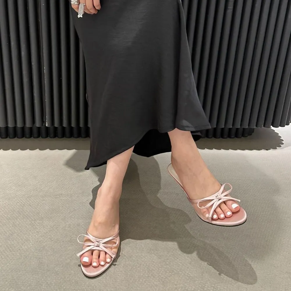 YIYA Women's Leopard Print Mules Heels with Bow Open Round Toe Stiletto High Heels Party Dress Slip On Backless Sandals