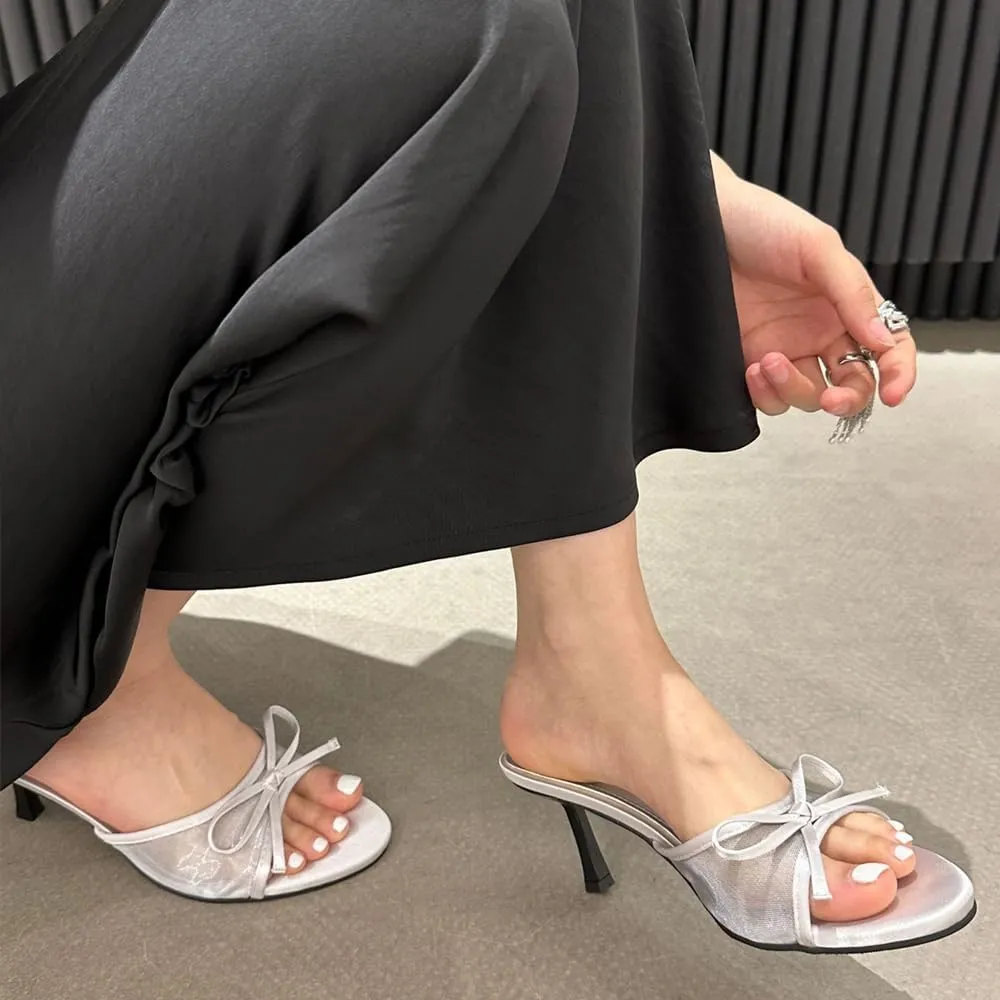YIYA Women's Leopard Print Mules Heels with Bow Open Round Toe Stiletto High Heels Party Dress Slip On Backless Sandals