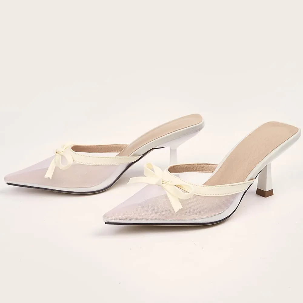 YIYA Women's Mesh Bow Kitten Heels Mules Closed Pointed Toe Slip on Backless Stiletto Heels Cute Party Dress Slide Sandals Pumps Shoes
