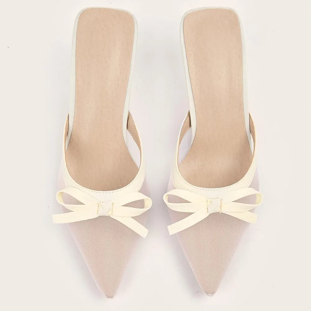 YIYA Women's Mesh Bow Kitten Heels Mules Closed Pointed Toe Slip on Backless Stiletto Heels Cute Party Dress Slide Sandals Pumps Shoes
