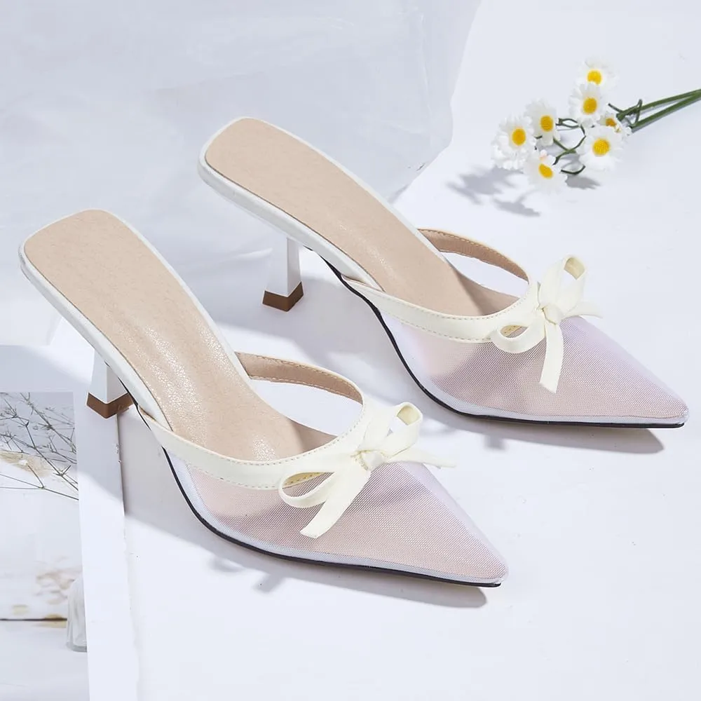 YIYA Women's Mesh Bow Kitten Heels Mules Closed Pointed Toe Slip on Backless Stiletto Heels Cute Party Dress Slide Sandals Pumps Shoes