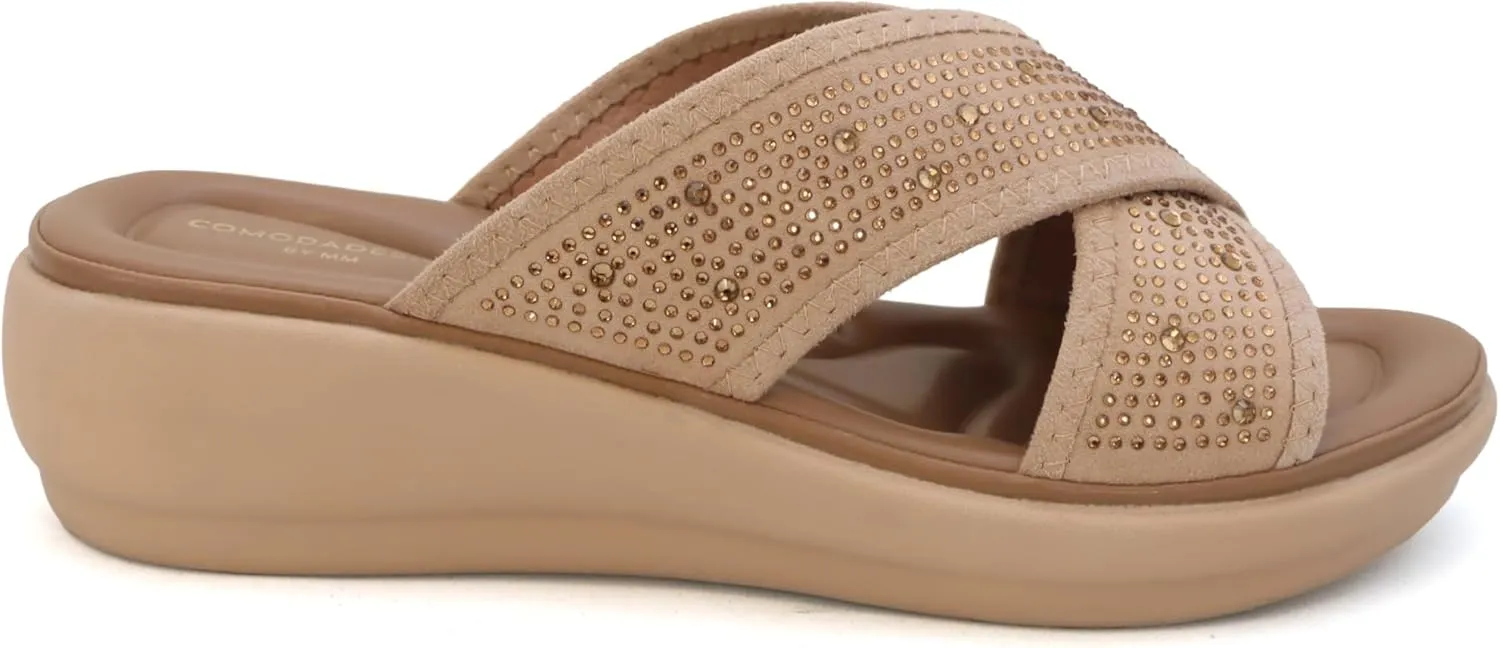 YOKI NOMI-05 Women’s Wedge Sandals with Rhinestone Straps, Women’s Sandals Comfortable Dressy