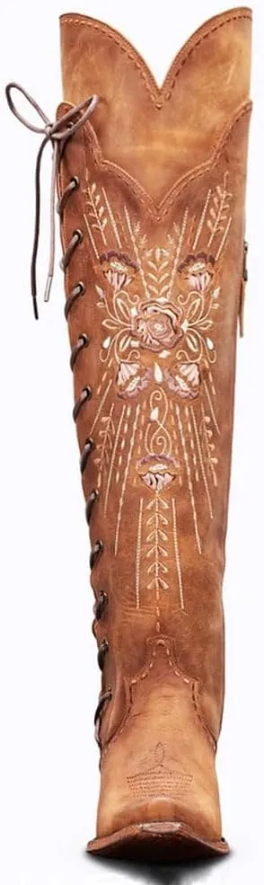 Yolkomo Cowboy Boots for Women Wide Calf Embroidered Western Cowgirl Boots Pointed Toe Over-The-Knee High Lace-Up Boots