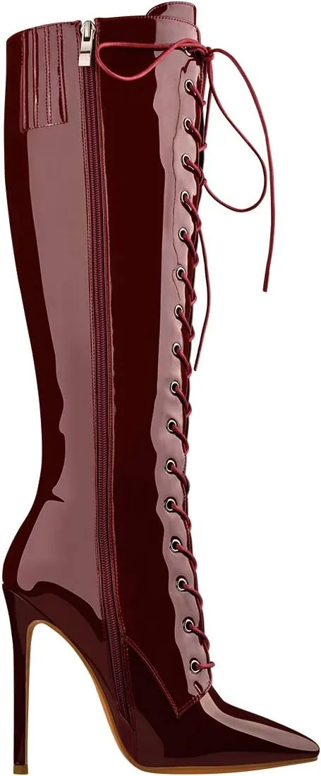 Yolkomo Women's Kneed High Boots Sexy Pointed Toe Stiletto Metallic Leather Boots With Buckle Strap