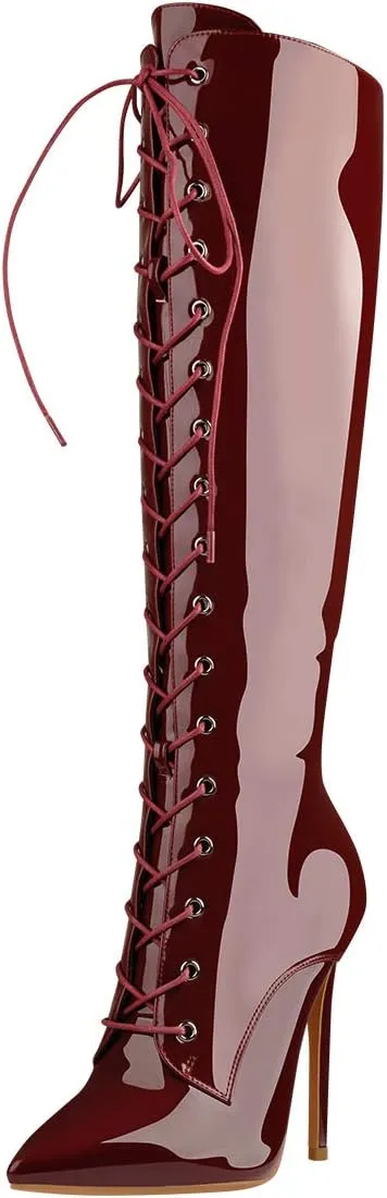 Yolkomo Women's Kneed High Boots Sexy Pointed Toe Stiletto Metallic Leather Boots With Buckle Strap