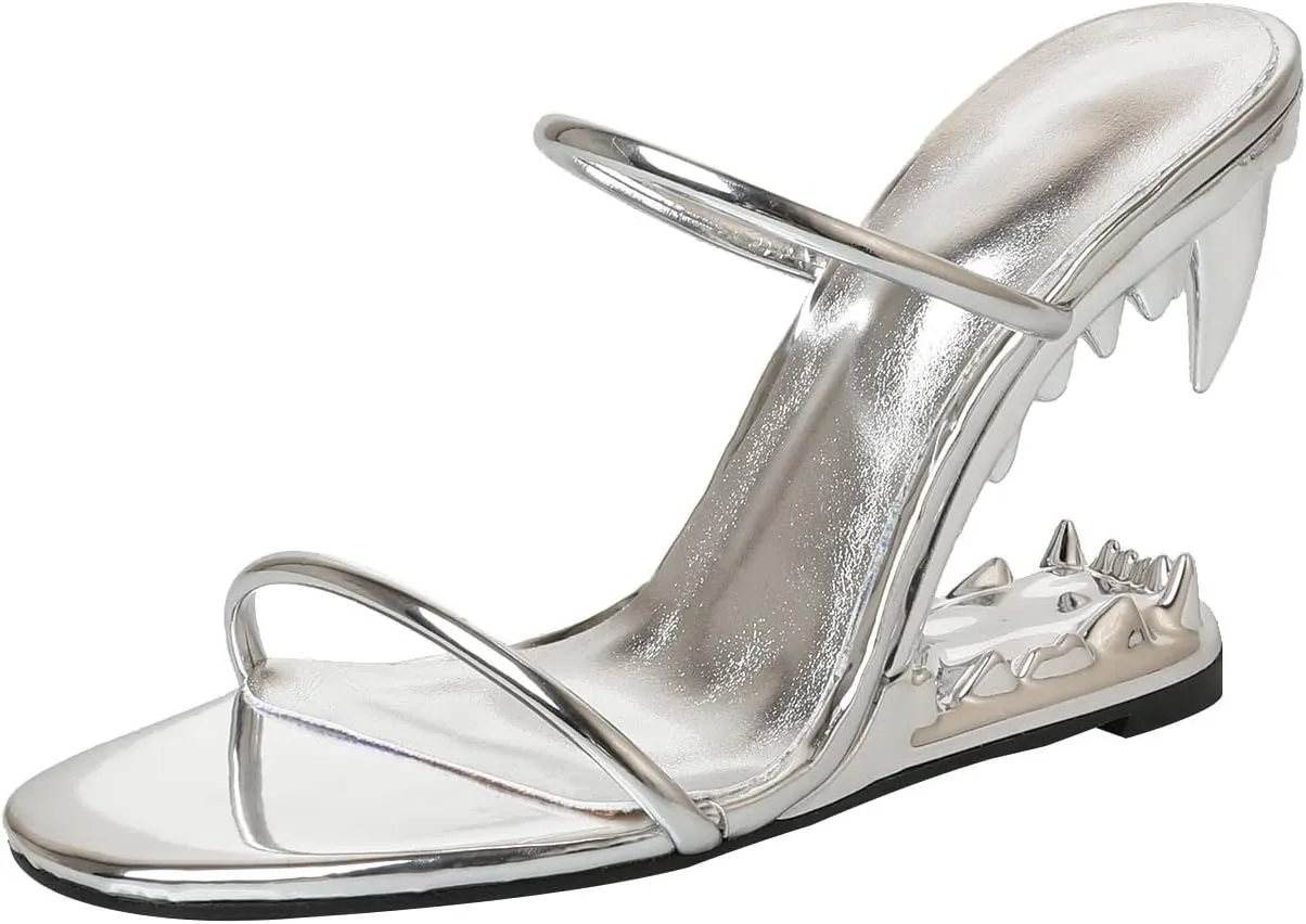 YXCFEWD Wedge Sandals for Women Open Toe Wedge Shark Teeth Heels for Women Square Toe Wedge Mules