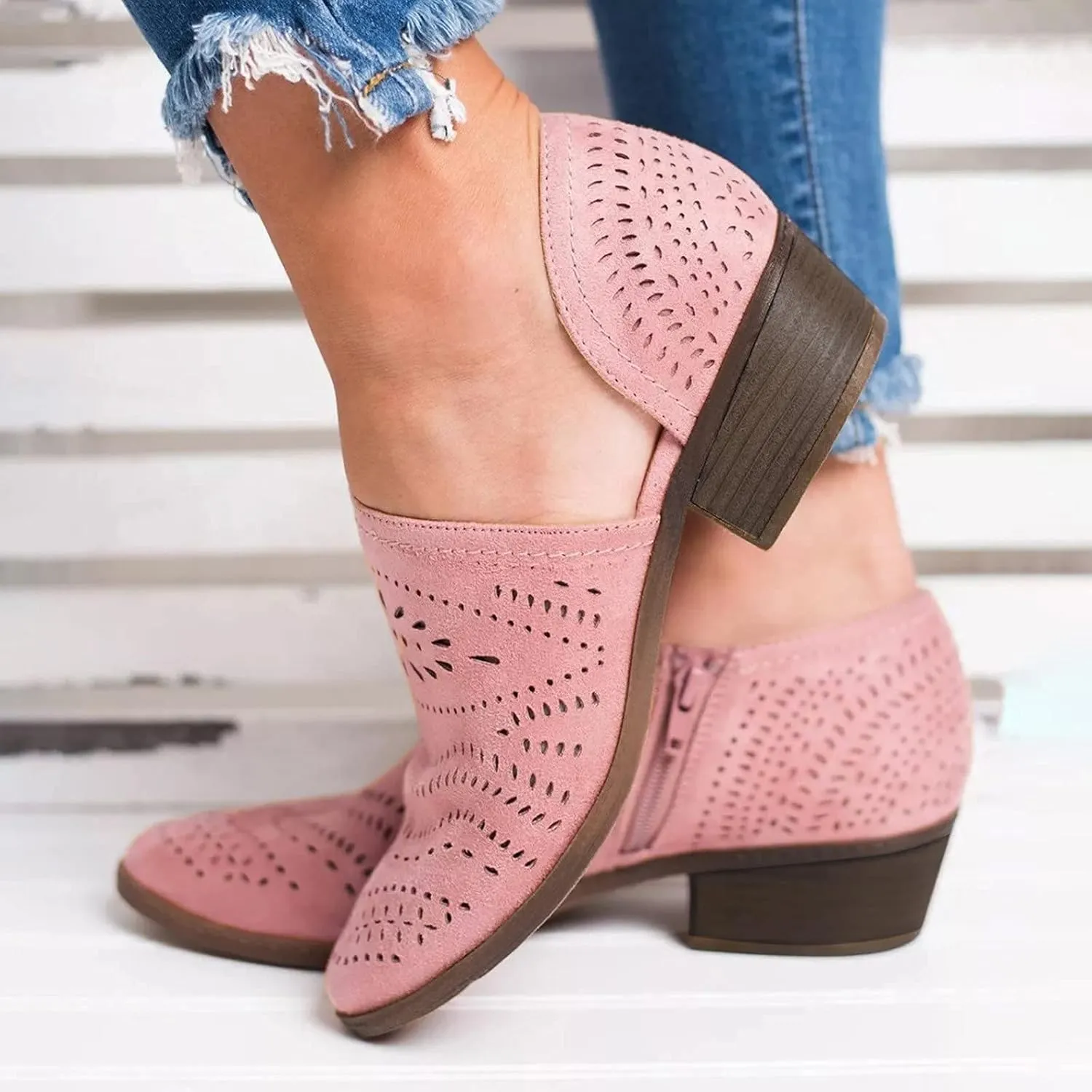 ZBYY Women's Ankle Boots Low Heels Chunky Cutout Booties Closed Toe Perforated V Cut Western Shoes Slip-on Short Boots