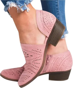 ZBYY Women's Ankle Boots Low Heels Chunky Cutout Booties Closed Toe Perforated V Cut Western Shoes Slip-on Short Boots