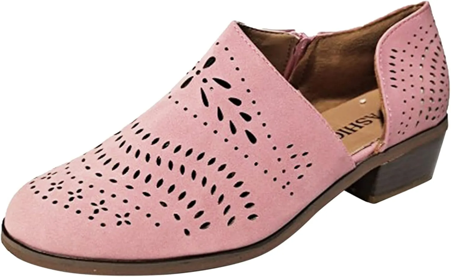 ZBYY Women's Ankle Boots Low Heels Chunky Cutout Booties Closed Toe Perforated V Cut Western Shoes Slip-on Short Boots
