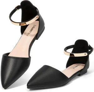 Zelaprox Women's Black Pointed Toe Flats Rhinestone Bow Ankle Strap Ballet Flats Comfortable Slip On Flats Light Weight Suede Dress Shoes