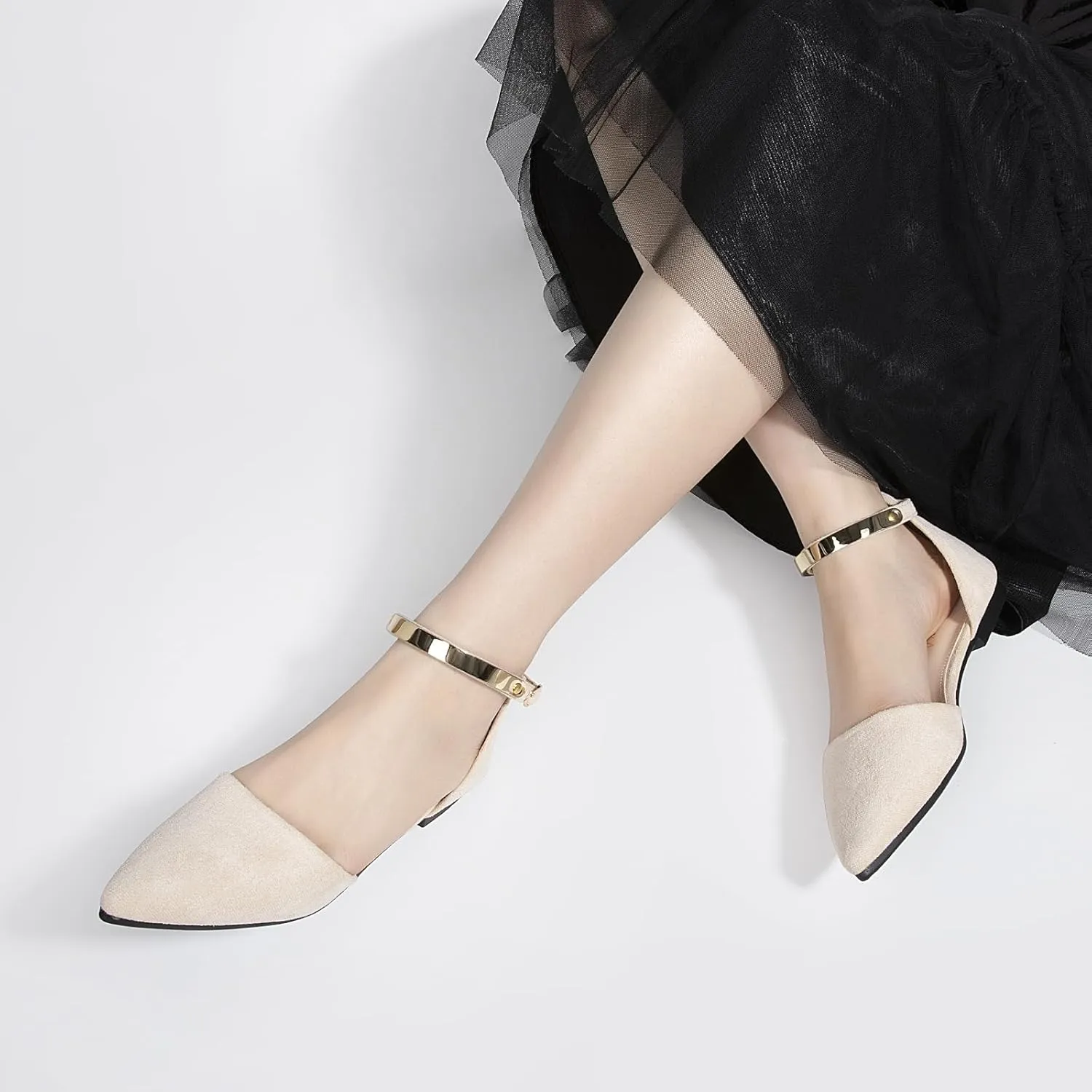 Zelaprox Women's Black Pointed Toe Flats Rhinestone Bow Ankle Strap Ballet Flats Comfortable Slip On Flats Light Weight Suede Dress Shoes