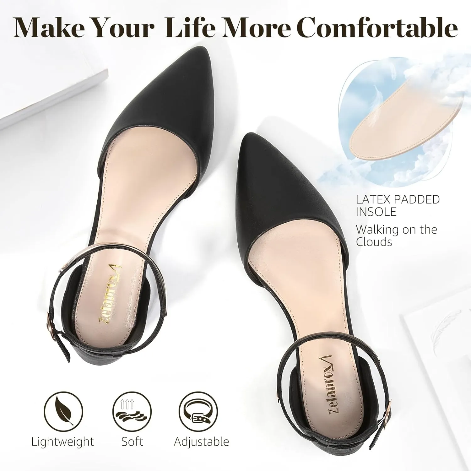 Zelaprox Women's Black Pointed Toe Flats Rhinestone Bow Ankle Strap Ballet Flats Comfortable Slip On Flats Light Weight Suede Dress Shoes
