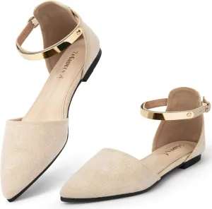 Zelaprox Women's Black Pointed Toe Flats Rhinestone Bow Ankle Strap Ballet Flats Comfortable Slip On Flats Light Weight Suede Dress Shoes