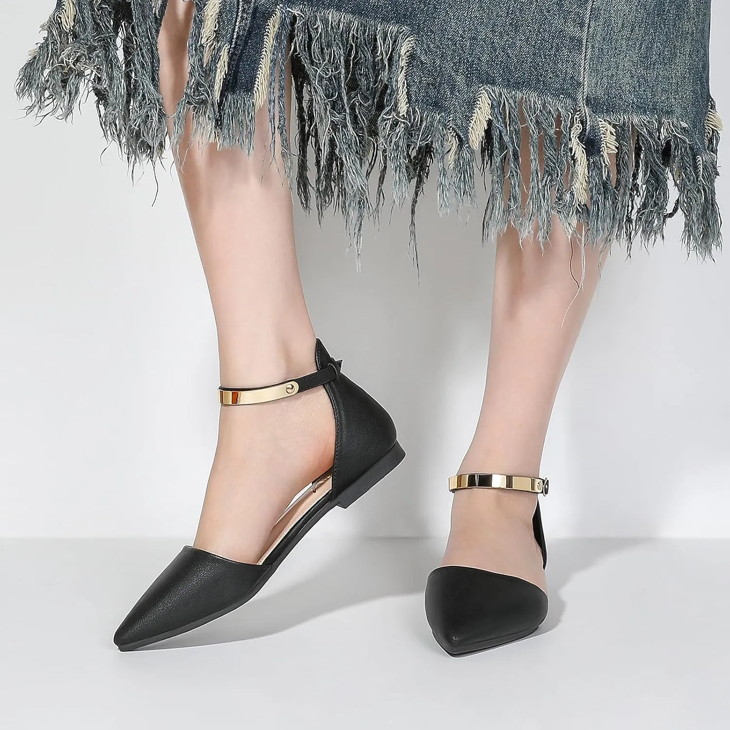 Zelaprox Women's Black Pointed Toe Flats Rhinestone Bow Ankle Strap Ballet Flats Comfortable Slip On Flats Light Weight Suede Dress Shoes