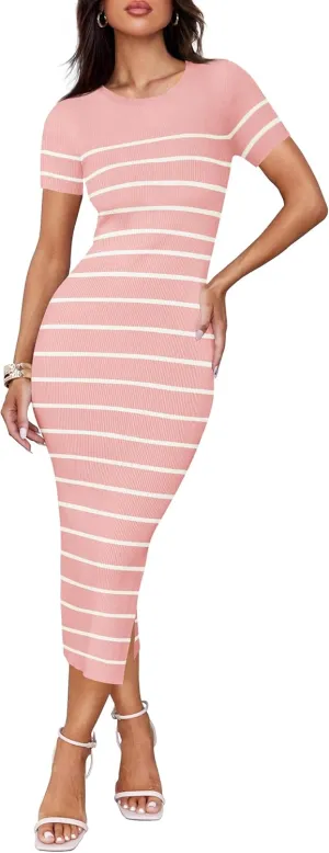 ZESICA Women's 2025 Summer Bodycon Midi Dress Striped Short Sleeve Ribbed Knit Slim Fit Side Slit Vacation Long Dresses