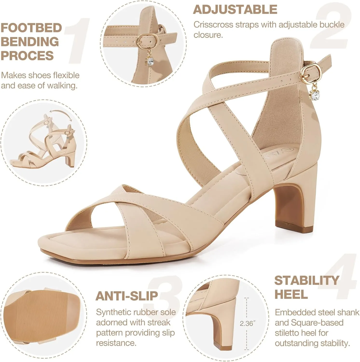 ZURIN Womens Chunky Low Heels Comfortable Open Toe Ankle Strap Heeled Sandals Strappy Block Heels Dress Shoes for Wedding Bridal Evening Party Prom